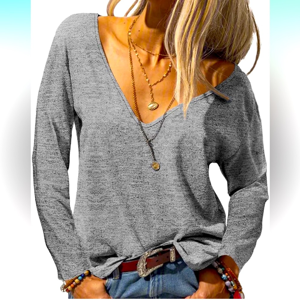 Danedvi Womens Deep V-Neck Long Sleeve Shirt